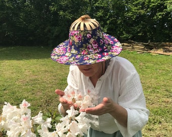 Summer women's hat, foldable hat, flowered hat, fan, boho hat, original hat, sun hat, flowered bob, hat