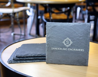 Engraved Slate Coasters, Personalized Monogram, Wedding Gift, Set of Four