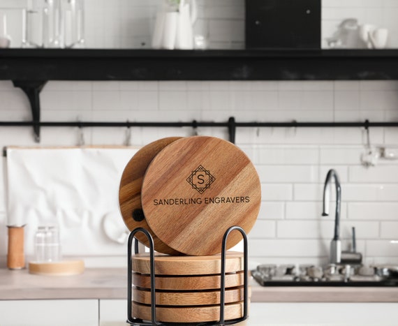 Personalized Acacia Wood Coasters with Holder - Set of 6