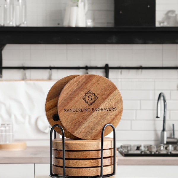 Personalized Acacia Wood Coasters with Holder - Set of 6