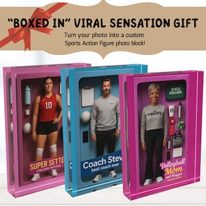 May include: Three custom Sports Action Figure photo blocks. The blocks are in pink and blue, each featuring a person and accessories. Text includes "BOXED IN" VIRAL SENSATION GIFT" and "Turn your photo into a custom Sports Action Figure photo block!"