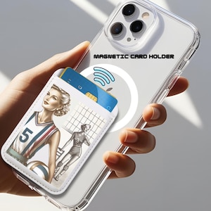 Cartera magnética para teléfono, tarjetero delgado MagSafe para iPhone 16, 15, 14, 13 y 12, compatible con MagSafe, diseño retro de voleibol, elegante, de cuero vegano.