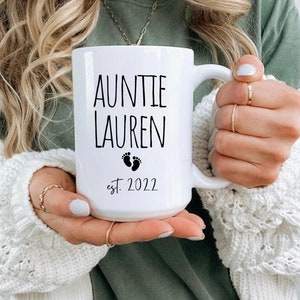 Auntie Est Mug 15 & 11 oz, Personalized Auntie Mug, Auntie Gifts, New Auntie Mug, First Time Aunt Baby Announcement