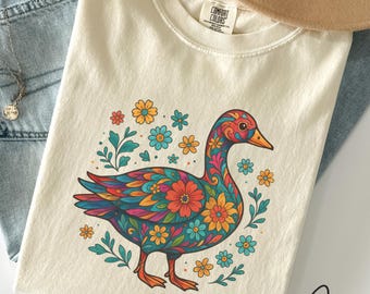 Comfort Colors® Floral Duck Shirt, Colorful Cottagecore Bird Tee, Nature Garden Lover Gift, Folk Art Animal Graphic Top, Wildflower Print