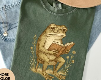 Comfort Colors Frog Reading Shirt Bookish Cottagecore Toad Tee Funny Librarian Gift Nature Book Lover Shirt Retro Animal Tee funny frog