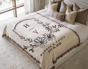 Personalized Wedding Blanket, Custom Couple Names & Date Floral Woven Throw, Anniversary Gift, Elegant Home Decor, Romantic Keepsake