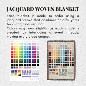 May include: A woven blanket with a colorful square pattern, showcasing a spectrum of hues. The blanket is made with a jacquard weave, creating a textured look. The image also displays a color palette and design samples. The text reads "JACQUARD WOVEN BLANKET".