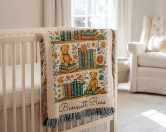 Personalized Teddy Bear Book Blanket  Custom Name Woven Throw, Vintage Floral Nursery Decor, Cozy Baby Shower Gift, Reading Nook Blanket