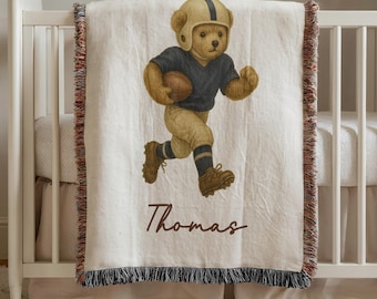 Personalized Football Baby Blanket Vintage Running Back Bear Woven Throw For Boys Custom Name Nursery Blanket Baby Shower Gift Sport Boy