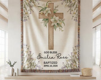 Personalized Baptism Blanket for Baby Girl or Boy, Custom Woven Christening Gift with Name & Date, Floral Cross Baby Keepsake Woven Baby