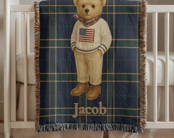 Patriotic Bear Name Blanket, Personalized Baby Woven Throw Vintage USA Nursery Decor Custom Boy Gift Americana Baby Personalized Teddy Bear