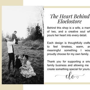 K&ouml;nnte beinhalten: Ein Schwarz-Wei&szlig;-Foto einer Familie auf einem Feld neben einem Text, der lautet: The Heart Behind Eloelostore. Behind this shop is a wife, a mama of two, and a creative soul who pours her heart into every detail. Danke f&uuml;r Ihre Unterst&uuml;tzung.