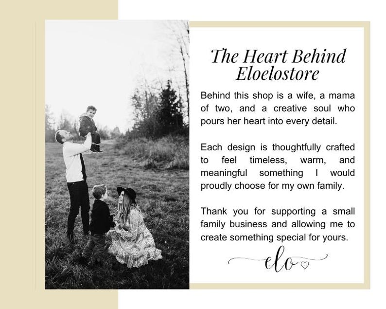 K&ouml;nnte beinhalten: Ein Schwarz-Wei&szlig;-Foto einer Familie auf einem Feld neben einem Text, der lautet: The Heart Behind Eloelostore. Behind this shop is a wife, a mama of two, and a creative soul who pours her heart into every detail. Danke f&uuml;r Ihre Unterst&uuml;tzung.