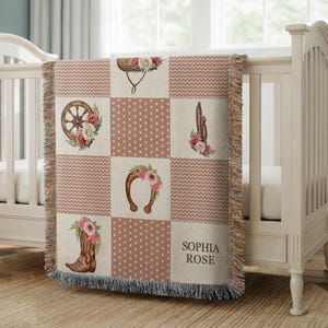 Personalized Cowgirl Baby Blanket, Custom Name Western Nursery Blanket, Floral Cowboy Baby Girl Gift, Pink Patchwork Throw baby girl blanket
