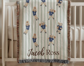Personalized Football Baby Blanket, Vintage Sport Bear Woven Throw, Custom Name Blanket For Boys, Heirloom Nursery Gift For Newborn woven