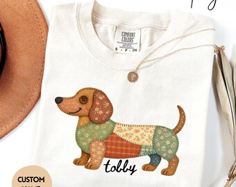 Custom Dachshund Shirt Patchwork Faux Embroidery Dog Tee Personalized Wiener Dog Gift Dog Mom Shirt Gift For Dog Owner Cute Gift For Dog Mom
