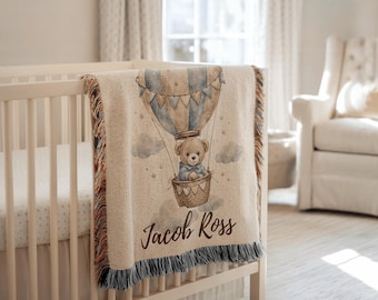 Personalized Hot Air Balloon Baby Blanket Custom Bear Crib Blanket Nursery Decor for Baby Boy Baby Shower Gift with Name Blanket Newborn Gif