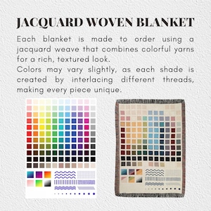 K&ouml;nnte beinhalten: Eine Jacquard-Webdecke mit einem Raster aus bunten Quadraten und verschiedenen geometrischen Mustern. Der Text lautet: JACQUARD WOVEN BLANKET. Jede Decke wird auf Bestellung mit einer Jacquard-Webtechnik aus farbigen Garnen f&uuml;r eine Textur gefertigt.