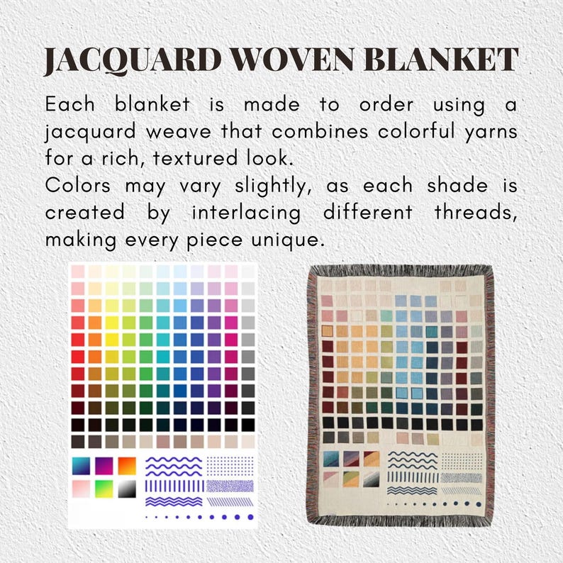 K&ouml;nnte beinhalten: Eine Jacquard-Webdecke mit einem Raster aus bunten Quadraten und verschiedenen geometrischen Mustern. Der Text lautet: JACQUARD WOVEN BLANKET. Jede Decke wird auf Bestellung mit einer Jacquard-Webtechnik aus farbigen Garnen f&uuml;r eine Textur gefertigt.