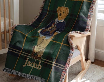 Personalized Polo Bear Baby Blanket For Boys Custom Name Plaid Throw Preppy Nursery Decor, Vintage Equestrian Baby Shower Gift teddy blanket