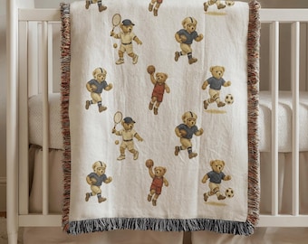 Sports Teddy Bear Blanket Custom Vintage Style Bear Baby Gift Nursery Decor Bedroom Cozy Vintage Style Plaid Woven Blanket bear