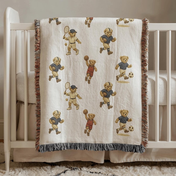Couverture ours en peluche sport personnalisée style vintage ours cadeau pour bébé, décoration de chambre d'enfant, chambre à coucher couverture tissée à carreaux style vintage confortable ours
