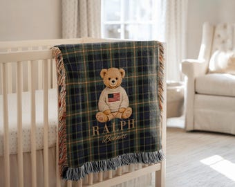 Personalized Teddy Bear Baby Blanket with Name, Custom Woven Crib Throw, Vintage Bear Nursery Decor, Baby Shower Keepsake Gift for Boys