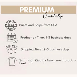 May include: A graphic with the text "PREMIUM Quality" and icons indicating production and shipping details. The text includes "MADE IN USA" and "Soft, High Quality Tees, won't crack or Peel."