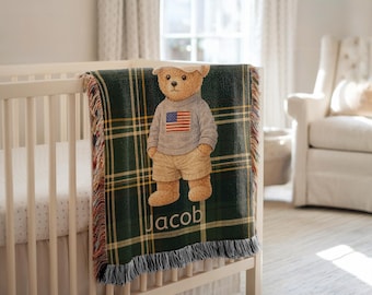 Personalized USA Teddy Bear Baby Blanket Custom Name Plaid Throw For Boys Patriotic Nursery Decor American Flag Baby Shower Gift Patriotic