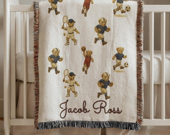 Personalized Sports Teddy Bear Blanket Custom Vintage Style Bear Baby Gift Nursery Decor Bedroom Cozy Vintage Style Plaid Woven Blanket bear