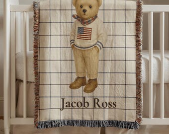 Patriotic Bear Name Blanket, Personalized Baby Woven Throw Vintage USA Nursery Decor Custom Boy Gift Americana Baby Personalized Teddy Bear