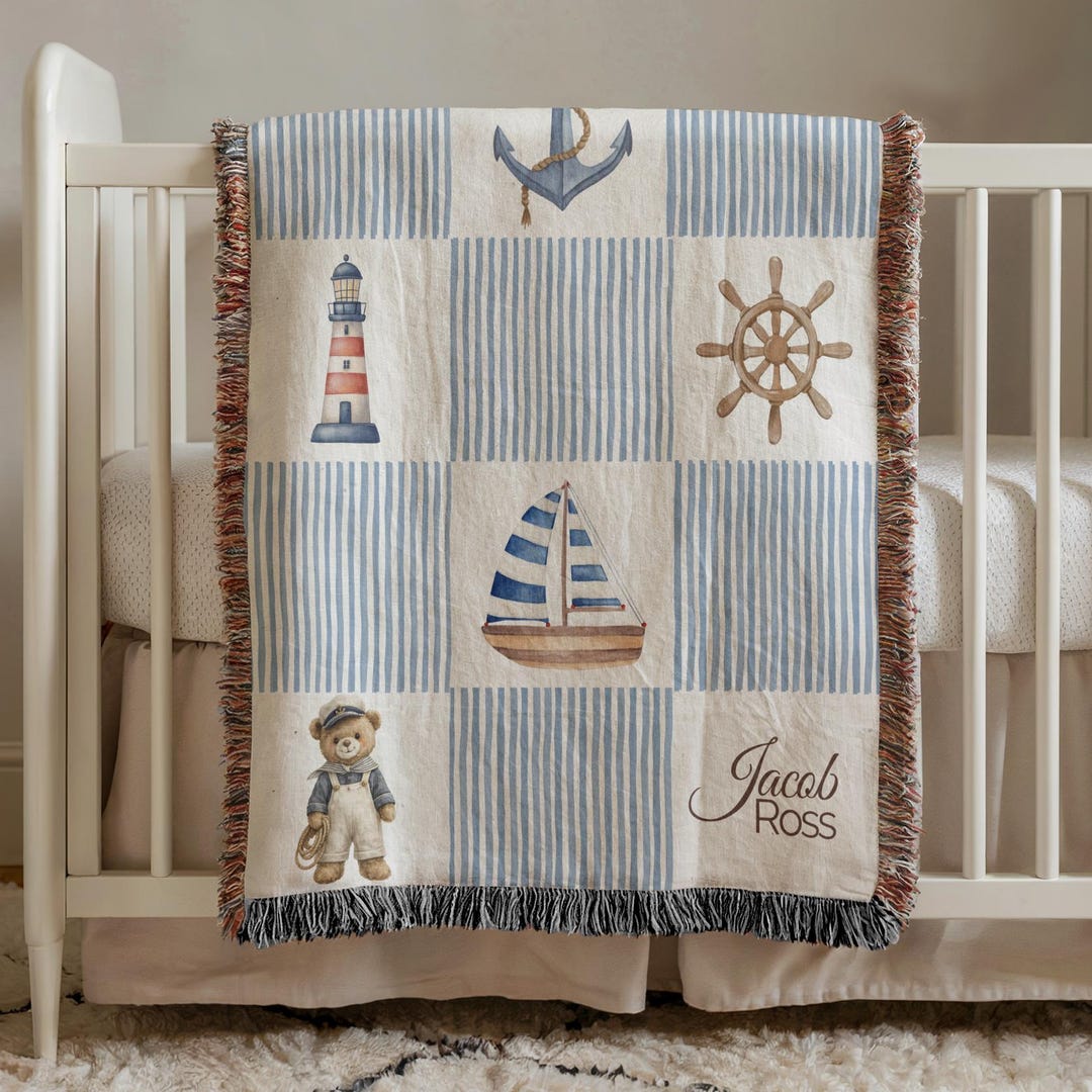 Personalized Nautical Baby Blanket With Name, Sailboat And Lighthouse Patchwork Throw, Coastal Nursery Gift, Baby Shower Blanket For Boys - Woven 52'' × 37'', Blue, “Georgie”
