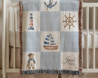 Personalized Nautical Baby Blanket With Name, Sailboat And Lighthouse Patchwork Throw, Coastal Nursery Gift, Baby Shower Blanket For Boys