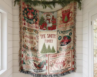 May include: A Christmas-themed throw blanket with a collage of festive images and text. The design includes a snowman, a red truck carrying a Christmas tree, and the words "Merry Christmas!" and "The Smith Family."