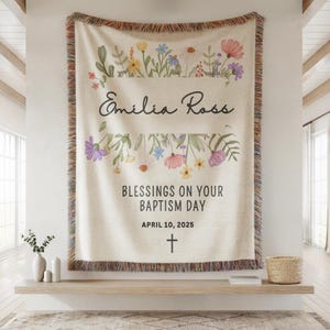 Personalized Baptism Blanket with Name & Date Floral Baby Girl Christening Gift Custom Blessings Woven Throw Keepsake Floral Cross Baby Gift