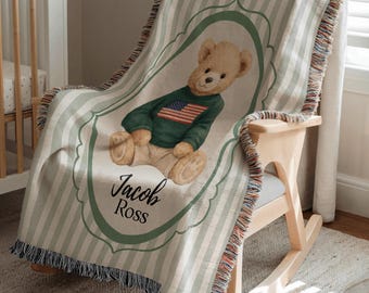Patriotic Bear Name Blanket, Personalized Baby Woven Throw Vintage USA Nursery Decor Custom Boy Gift Americana Baby Personalized Teddy Bear