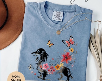 Floral Dachshund Shirt Butterfly, Wiener Dog Tee Long Hair Doxie Mom Gift Artistic Dog Lover Shirt Spring Pet Aesthetic Gift for Dog Mom pet