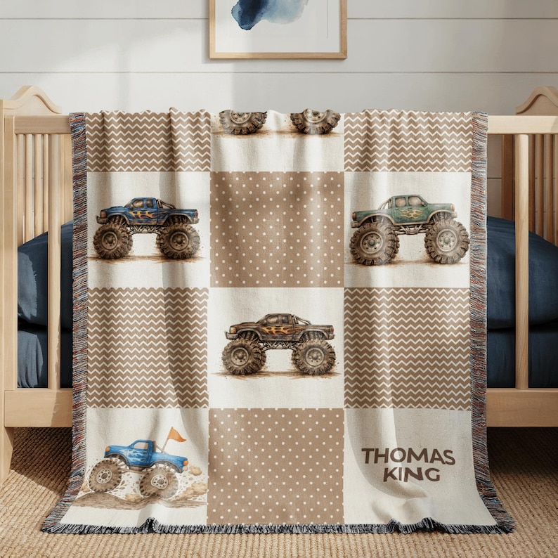Personalized Monster Truck Baby Blanket, Monster Jam Nursery Decor, Custom Truck Name Crib Blanket, Baby Shower Gift For Boy or toddlers bild 1