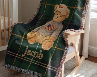 Personalized USA Teddy Bear Baby Blanket Custom Name Plaid Throw For Boys Patriotic Nursery Decor American Flag Baby Shower Gift Patriotic