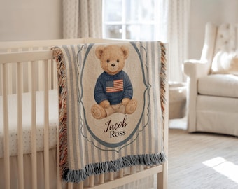 Personalized Teddy Bear Baby Blanket with Name, Custom Woven Crib Throw, Vintage Bear Nursery Decor, Baby Shower Keepsake Gift for Boys