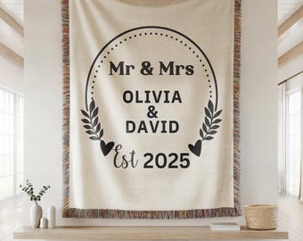 Personalized Wedding Blanket Mr Mrs, Custom Name & Year Woven Throw Newlywed Gift, Anniversary Blanket Romantic Home Decor, Anniversary Gift
