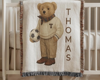 Personalized Soccer Bear Blanket For Baby Vintage Style Nursery Gift Custom Name Woven Throw Cozy Plaid Cotton Blanket For Kids Room Teddy