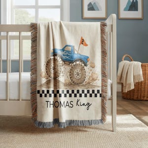 Personalized Monster Truck Baby Blanket, Monster Jam Nursery Decor, Custom Truck Name Crib Blanket, Baby Shower Gift For Boy or toddlers afbeelding 1