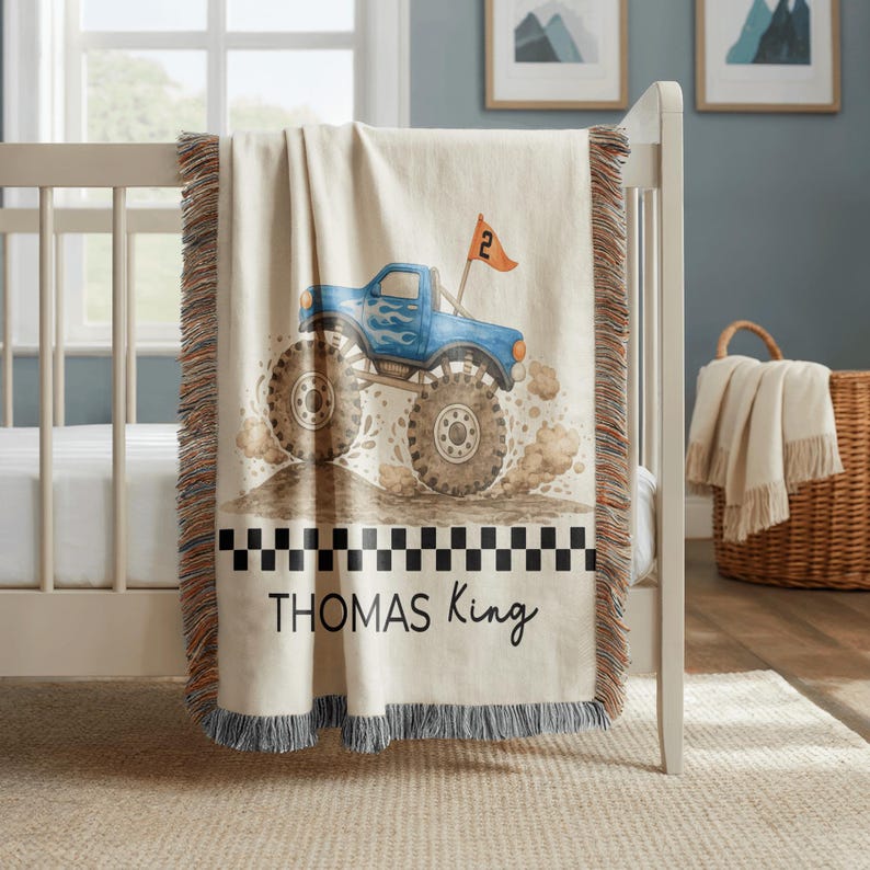 Personalized Monster Truck Baby Blanket, Monster Jam Nursery Decor, Custom Truck Name Crib Blanket, Baby Shower Gift For Boy or toddlers afbeelding 1