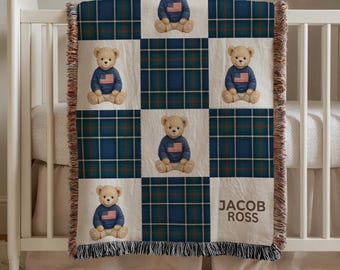 Preppy Teddy Bear Baby Blanket Plaid Custom Throw with American Flag Sweater Classic Vintage Boy Nursery gift Personalized baby gift BabyBoy