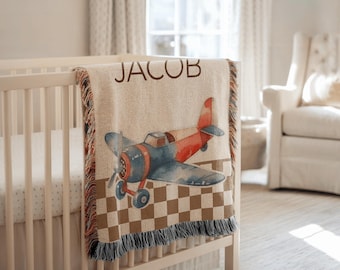 Personalized Vintage Airplane Baby Blanket Custom Name Cotton Nursery Decor Vintage Aviation Nursery Theme Airplane Baby Gift For Newborn