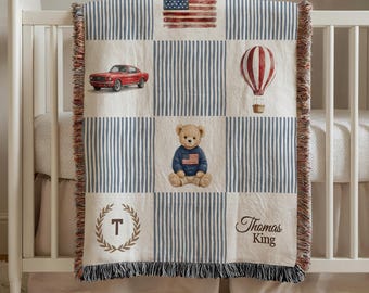 Personalized Americana Baby Blanket Custom Name Patriotic Nursery Blanket USA Baby Boy Gift Throw Baby Shower Keepsake Gift for Boys toddler