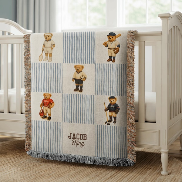 Couverture personnalisée pour bébé ours en peluche sport avec nom prénom personnalisé courtepointe sport pour bébé garçon nounours vintage athlète décoration de chambre d'enfant cadeau de shower de bébé
