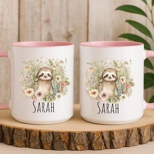 Personalized Sloth Mug, Floral Sloth Coffee Cup with Name, Gift for Animal Lovers, Cottagecore Ceramic Mug, sloth gift idea, cute sloth