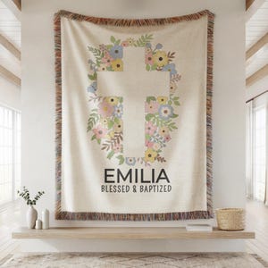 Personalized Baptism Baby Blanket Baptism Christening Blanket for Girl, Woven Baby Blanket with Floral Cross Baptism Floral Cross Baby Gift